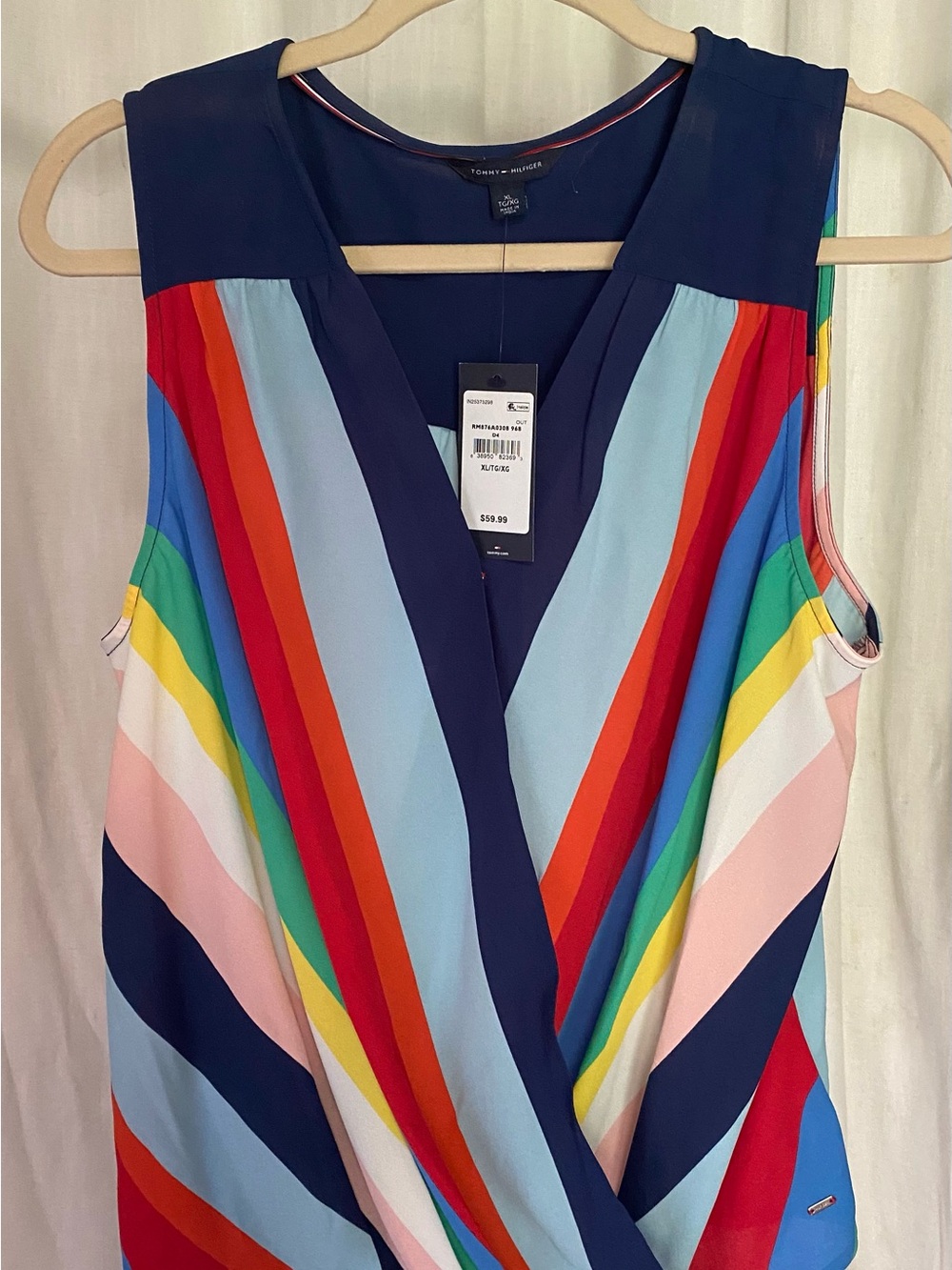 Tommy Hilfiger Navy Multicolor Diagonal-Striped Sleeveless Wrap Tank